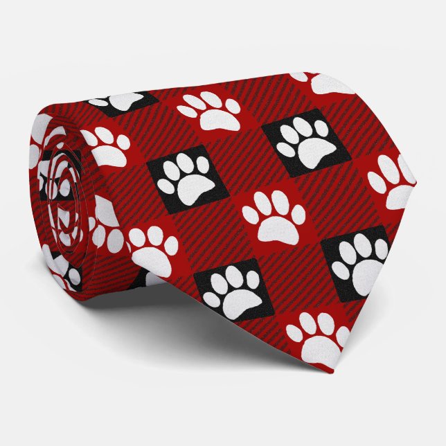 Dog Paw Print Buffalo Plaid In Black and Red Tie (Rolled)