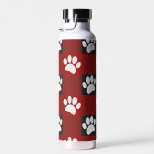 Dog Paw Print Buffalo Plaid In Black and Red Water Bottle