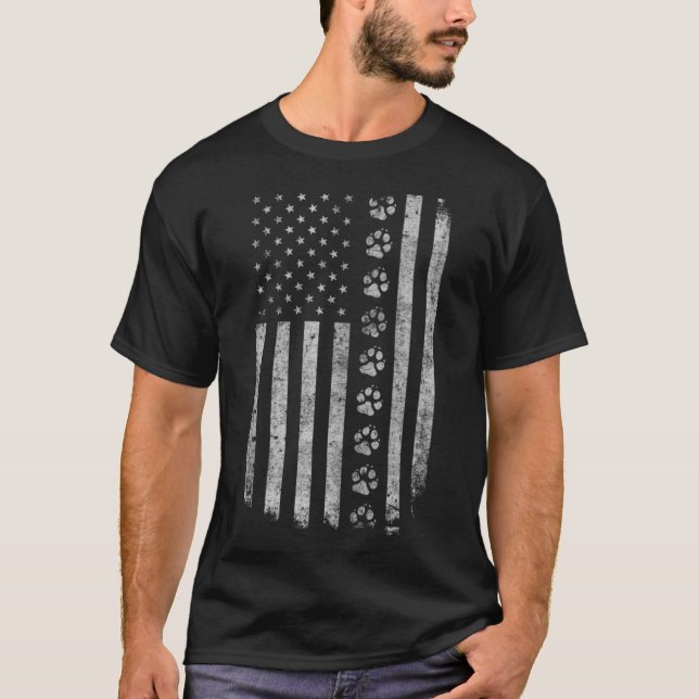 Dog Paw Print Distressed American Flag Police Mili T-Shirt (Front)