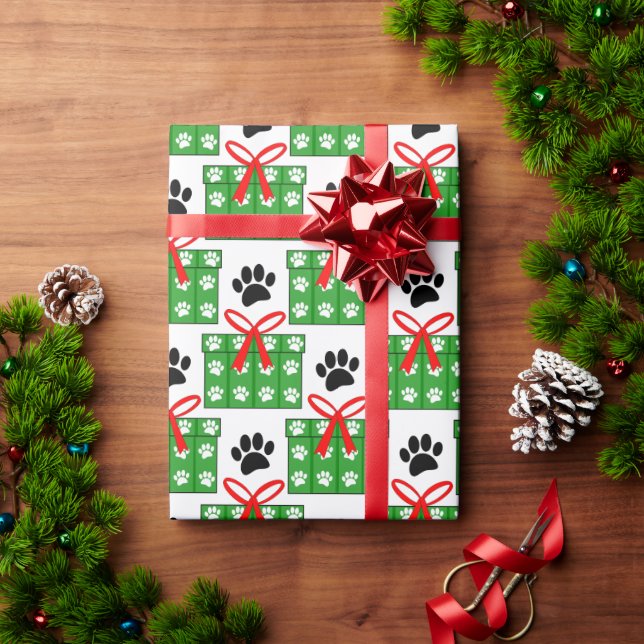 Dog Paw Print Gift Box Pattern Design Red Green Wrapping Paper (Holiday Gift)