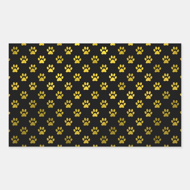 Dog Paw Print Gold Black Background Metallic Faux Rectangular Sticker (Front)