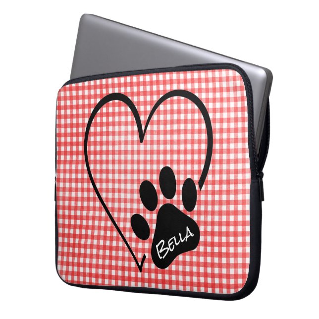 Dog Paw Print Heart on Gingham Laptop Sleeve (Front Left)