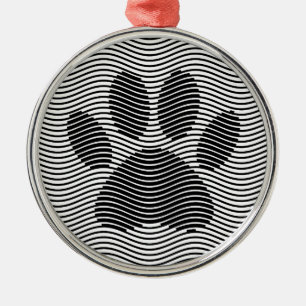 Dog Paw Print On Black And White Waves Metal Tree Decoration