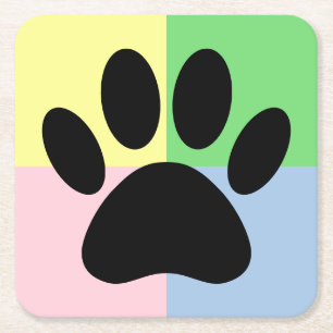 Dog Paw Print Pastel Colours Custom Square Paper Coaster