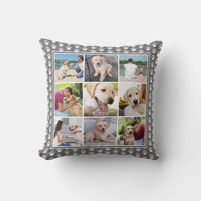 Dog Paw Print Patten Photo Collage Editable Grey Cushion (Front)