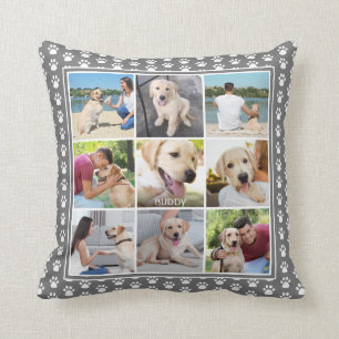 Dog Paw Print Patten Photo Collage Editable Grey Cushion
