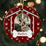 Dog Paw Print Pattern Custom Name Dog House Photo Ceramic Tree Decoration<br><div class="desc">Customize this fun and unique multi-colored pet paw print pattern ornament design featuring two photos. Design features a dog house design with the door of the dog house featuring your custom pet's photo. Personalize the white dog bone with the pet's name. This is a fun keepsake gift to celebrate your...</div>