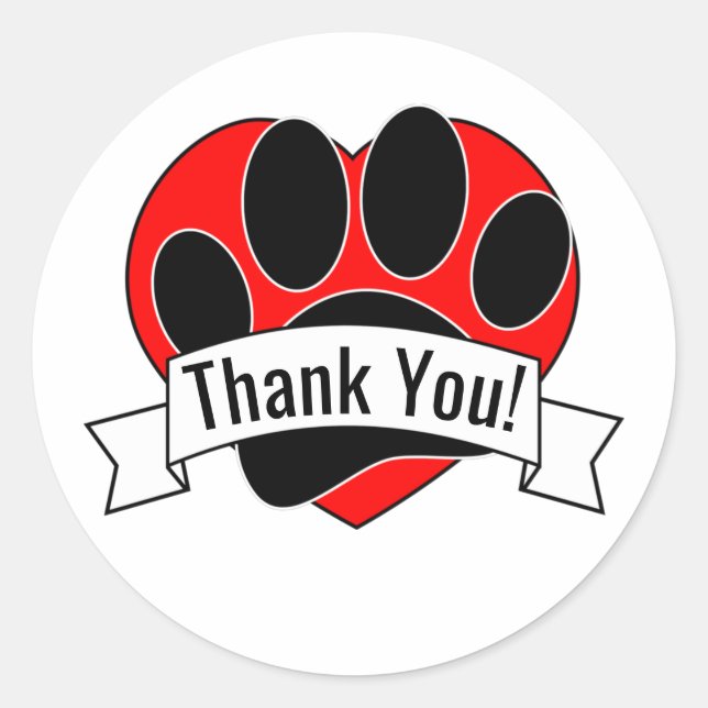 Dog Paw Print Red Heart Banner Thank You Classic R Classic Round Sticker (Front)