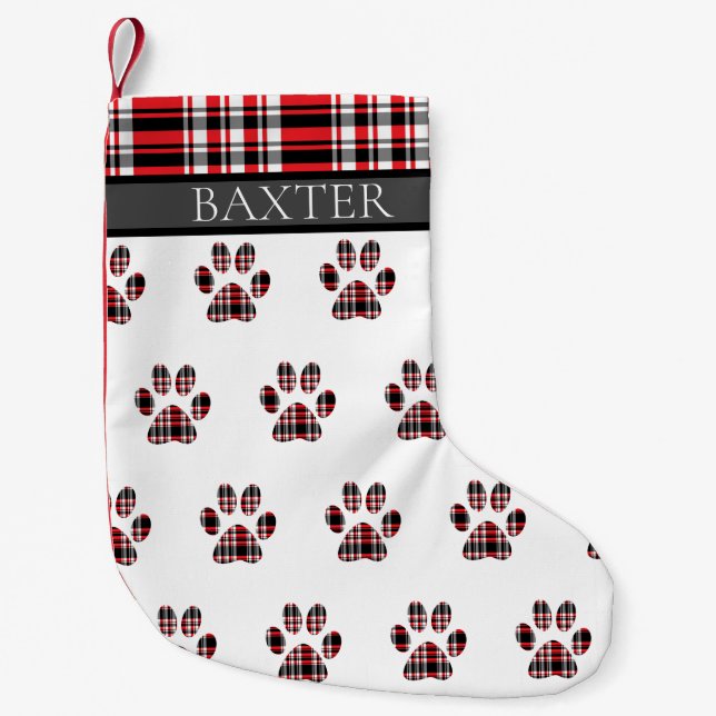 Dog Paw Print Red Tartan Plaid Custom Small Christmas Stocking (Front)