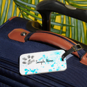 dog paw print turquoise watercolor design luggage tag