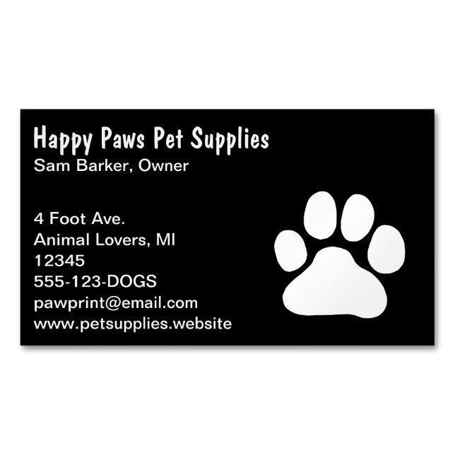 Dog Paw Print | White on Black | Pet Care Magnetic Business Card (Front)