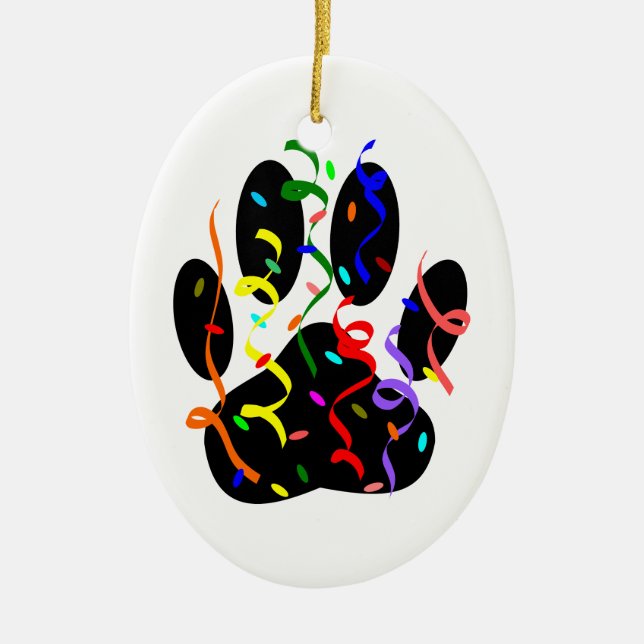 Dog Paw Print With Confetti And Streamer Ceramic Tree Decoration (Front)