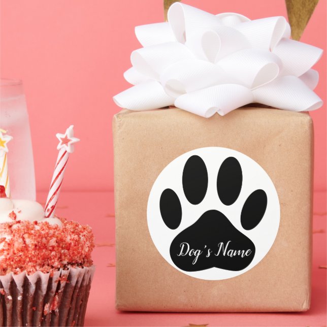 Dog Paw Print With Custom Name Black Classic Round Sticker (Party)