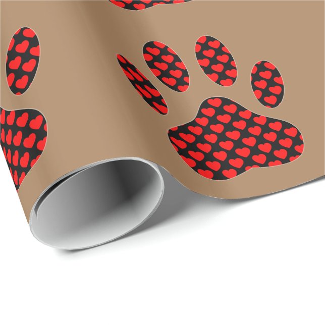 Dog Paw Print With Hearts On Brown Wrapping Paper (Roll Corner)