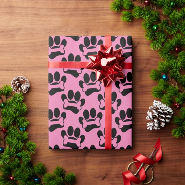 Dog Paw Prints And Bones Pattern Black Pink Wrapping Paper (Holiday Gift)
