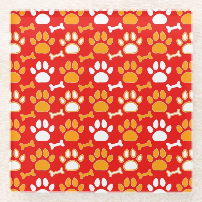 Dog Paw Prints and Bones Pattern Glass Coaster (Front)