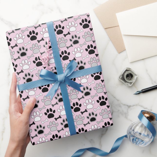 Dog Paw Prints and Bones Pattern Pink Wrapping Paper (Gifting)