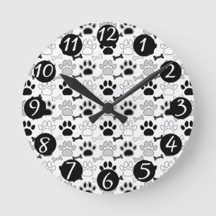 Dog Paw Prints and Bones Pattern Round Clock