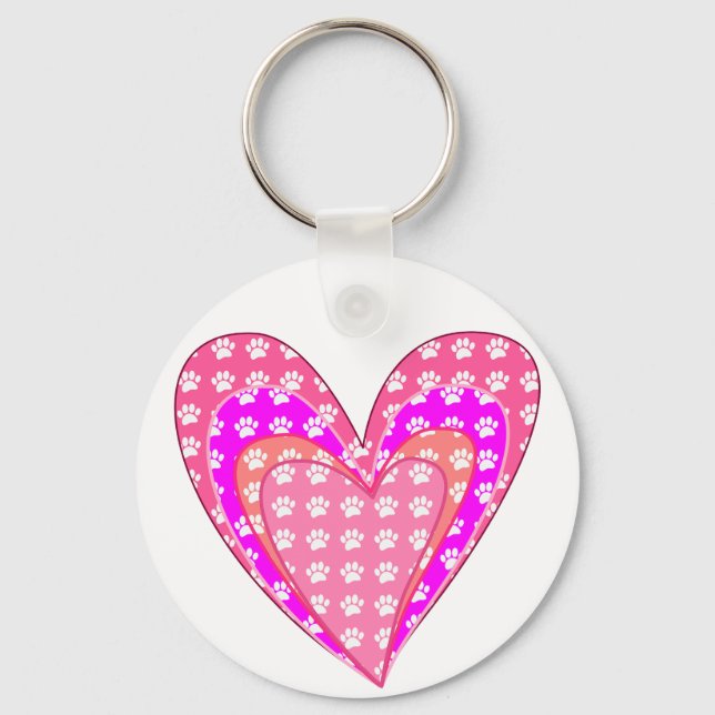 Dog Paw Prints And Pink Hearts Key Ring (Front)