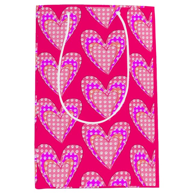 Dog Paw Prints And Pink Hearts Pattern Medium Gift Bag (Front)