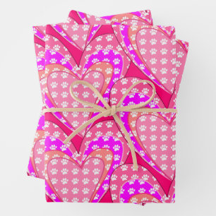 Dog Paw Prints And Pink Hearts Pattern Wrapping Paper Sheet