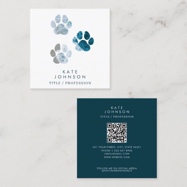 Dog Paw Prints Beach Waves QR Code Social Media Square Business Card (Front/Back)