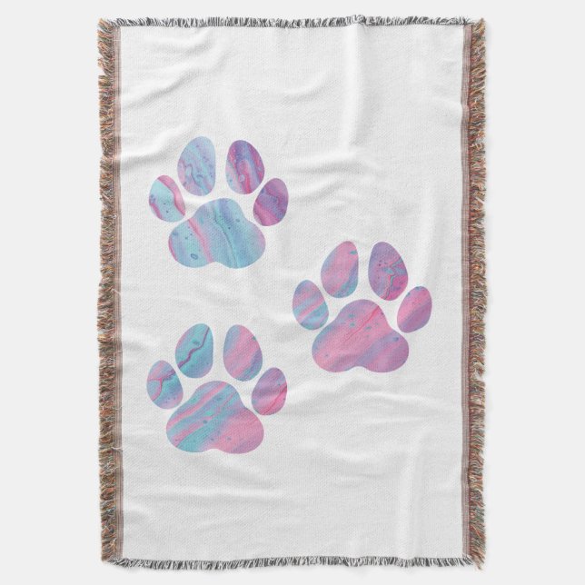 Dog Paw Prints - Colourful Paint Swirls Throw Blanket (Front Vertical)
