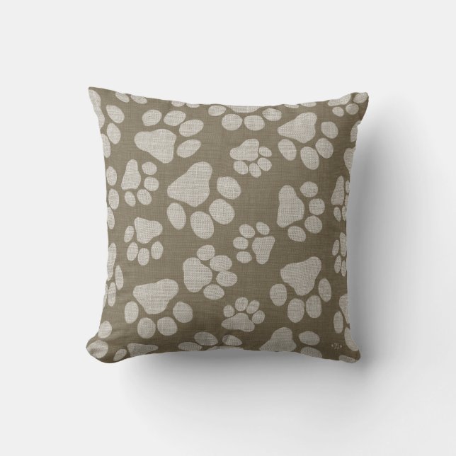 Dog Paw Prints | Faux Burlap Style Cushion (Front)