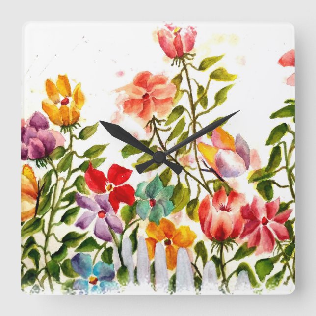 DOG PAW PRINTS FLOWER GARDEN FENCE SQUARE WALL CLOCK (Front)