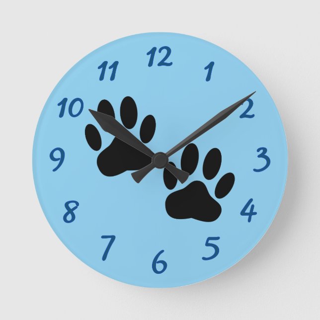 Dog Paw Prints On Baby Blue Round Clock (Front)