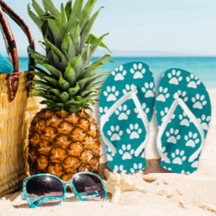 Dog Paw Prints On Blue, Green Turquoise Jandals