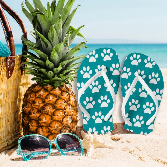 Dog Paw Prints On Blue, Green Turquoise Jandals (Creator Uploaded)