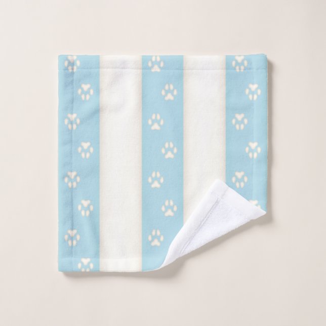 Dog Paw Prints on Pale Blue & Antique White Stripe Bath Towel Set (Wash Cloth)