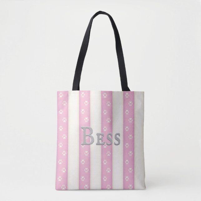 Dog Paw Prints on Pink & White Stripes Customised Tote Bag (Front)