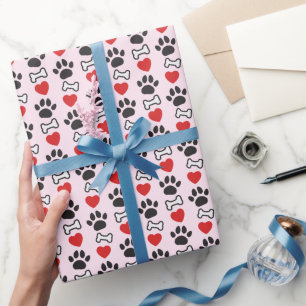 Dog Paw Prints Red Hearts And Bones Dog Lover Pink Wrapping Paper