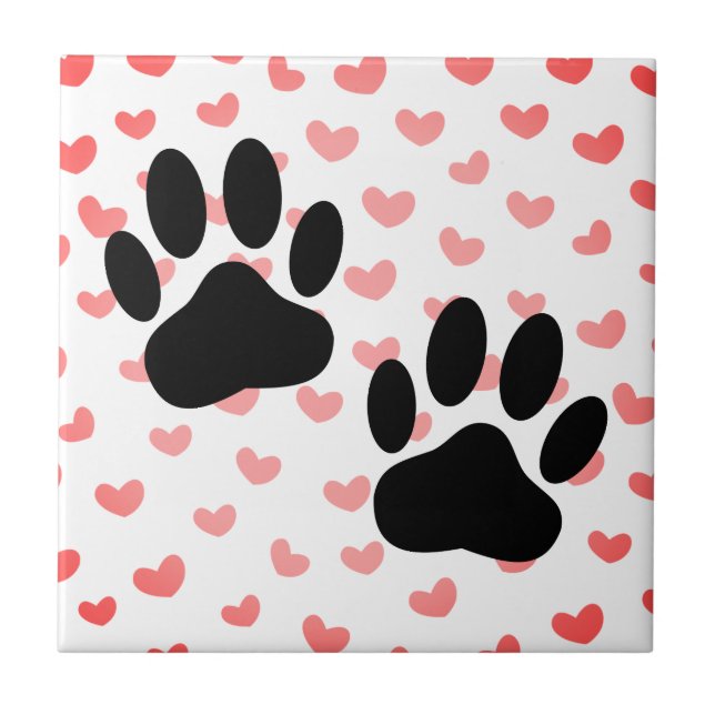 Dog Paw prints Red Hearts Tile (Front)