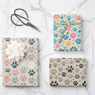 Dog Paw Prints Wrapping Paper Flat Sheet Set of 3