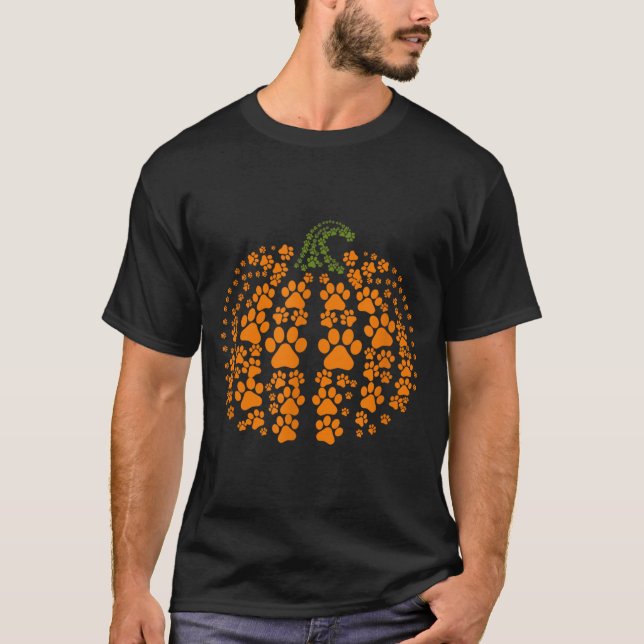 Dog Paw Pumpkin Pattern Halloween Orange Black T-Shirt (Front)