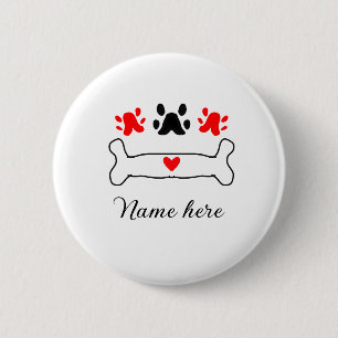Dog paw red heart pet add name text animal paw  6 cm round badge