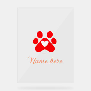Dog paw red heart pet add name text animal paw acrylic sign