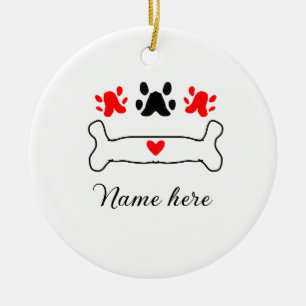Dog paw red heart pet add name text animal paw ceramic tree decoration