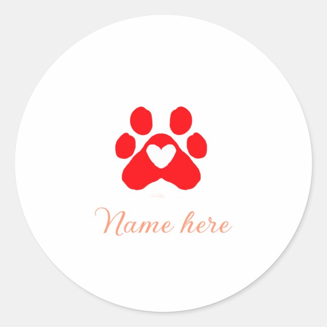 Dog paw red heart pet add name text animal paw  classic round sticker (Front)