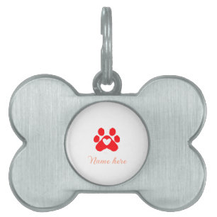 Dog paw red heart pet add name text animal paw ID tag