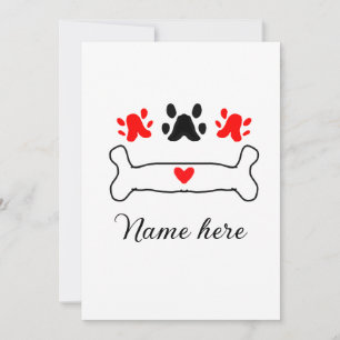 Dog paw red heart pet add name text animal paw  invitation