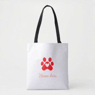 Dog paw red heart pet add name text animal paw tote bag