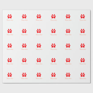 Dog paw red heart pet add name text animal paw wrapping paper