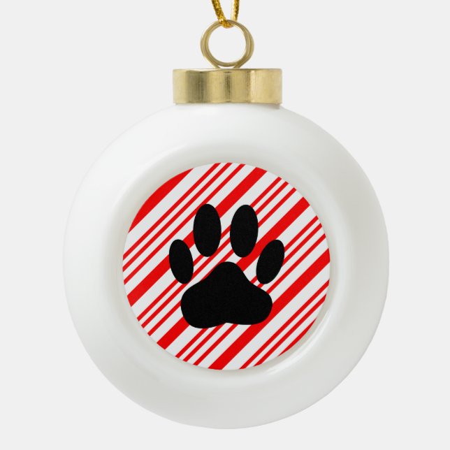 Dog Pawprint Candy Cane Ceramic Ball Christmas Ornament (Front)