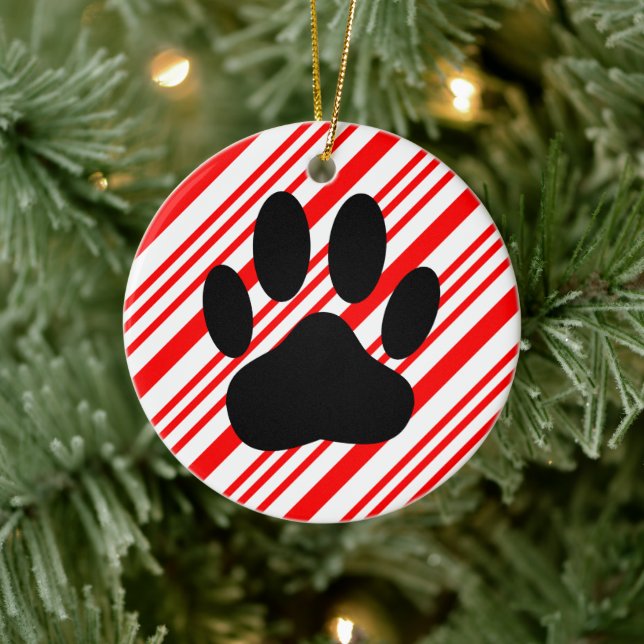 Dog Pawprint Candy Cane  Ceramic Ornament (Tree)