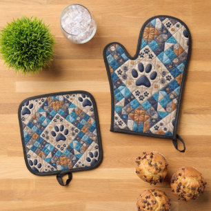 Dog Pawprint Quilt Design Note Card Oven Mitt & Pot Holder Set
