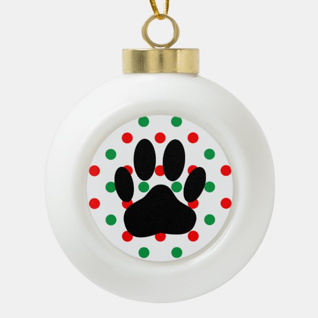 Dog Pawprint Red Green Polka Dots Ceramic Ball Christmas Ornament (Front)